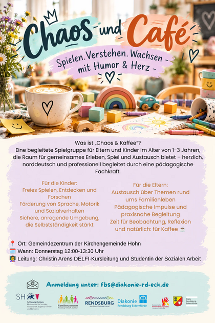 Chaos & Café. Spielgruppe für Kinder zwischen 1 bis 3 Jahren mit ihren Eltern. Angeleitet durch eine Fachkraft. Jeden Donnerstag von 12 Uhr bis 13 Uhr 30 im Gemeindezentrum der Kirchengemeinde in Hohn.