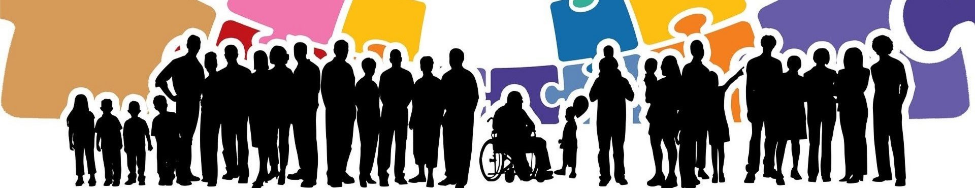 Grafik von schwarzen Silhouetten vieler Menschen vor buntem Hintergrund