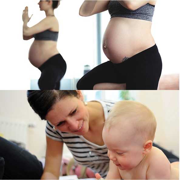 Eine Schwangere beim Yoga und eine Mutter mit Baby